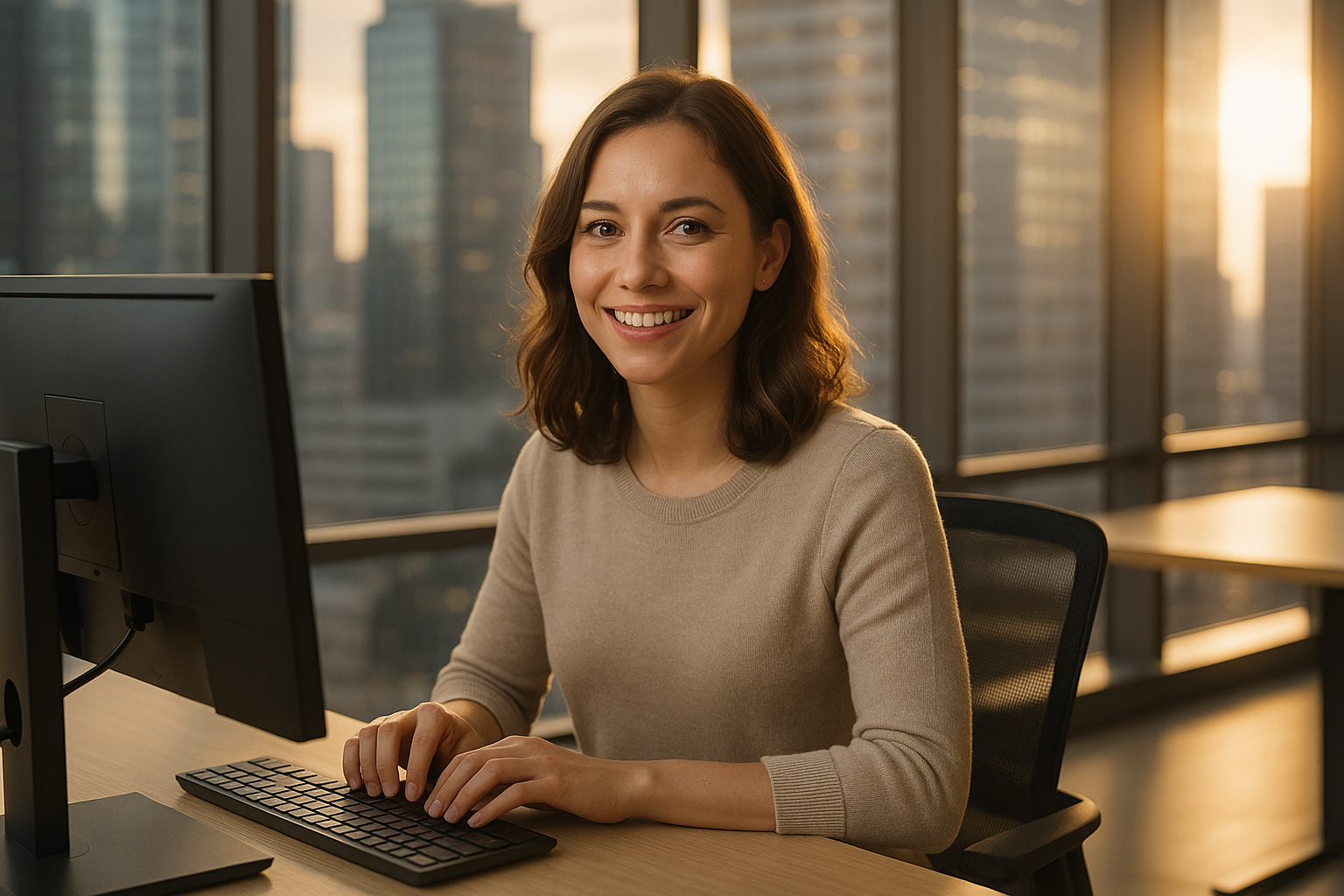 Młoda kobieta przy komputerze w nowoczesnym biurze z widokiem na miasto